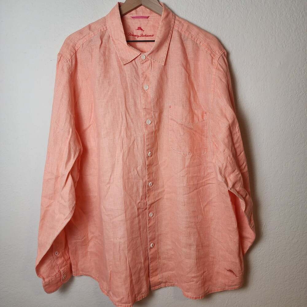 Tommy Bahama Shirt Mens 2XL Pink 100% Linen Long Sleeve Tropical Button-Up